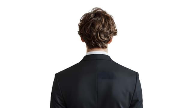 Professional studio portrait capturing the back view of a businessman with brown hair wearing a black tailored suit, photographed against a pure white background in commercial style.