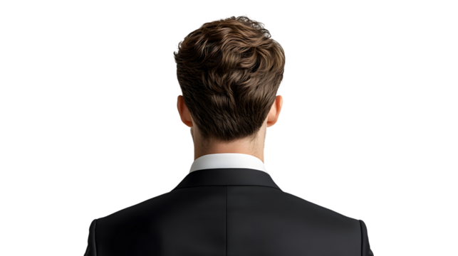 Professional studio portrait capturing the back view of a businessman with brown hair wearing a black tailored suit, photographed against a pure white background in commercial style.