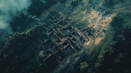 Aerial view of degraded landscape at abandoned coal mine showing environmental impact and destruction of natural habitat