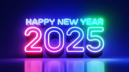 Neon typography, Happy New Year 2025, glowing edges, dark background.