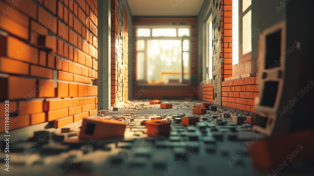 Poster Abandoned corridor with scattered bricks and sunlight filtering through dusty windows creating a nostalgic atmosphere of decay and neglect