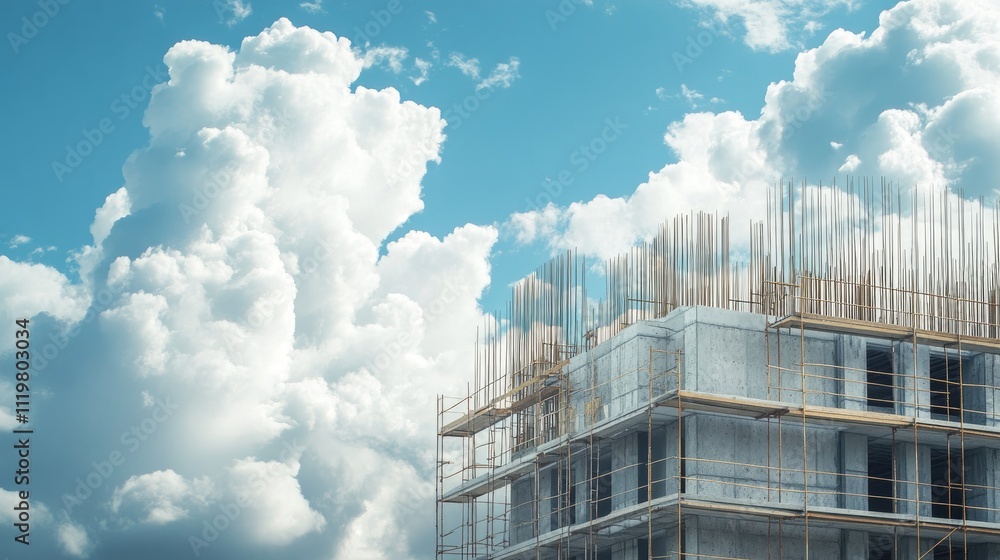 Poster concrete building framework under construction with scaffolding against a backdrop of fluffy clouds 