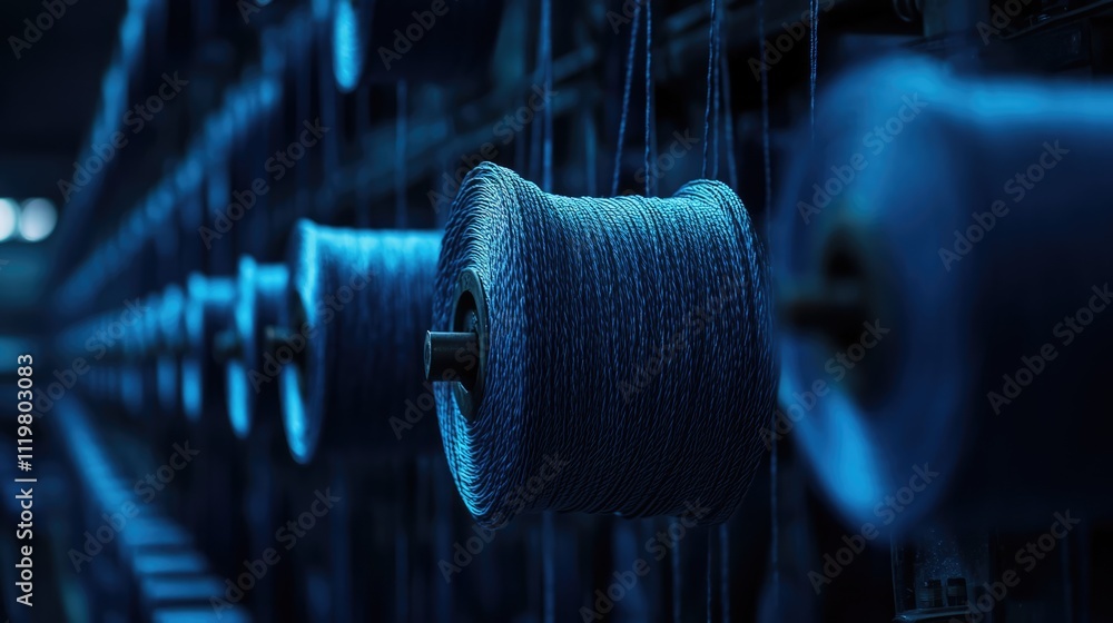 Poster blue-tinted close-up of string reels showcasing intricate details in a textile factory setting under
