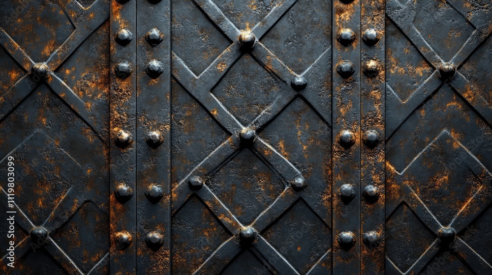 Poster weathered dark metal surface with rusty texture, featuring intricate patterns and rivets, ideal for 