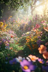 A vibrant garden filled with colorful wildflowers, bathed in the soft glow of sunlight, showcasing nature's beauty and diversity.