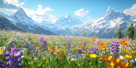Obraz premium Vibrant Alpine Wildflower Meadow with Snow Capped Mountains