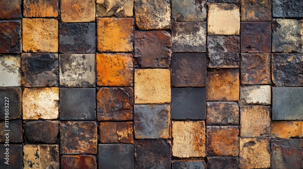 Poster textured brick wall background with a mix of earthy tones in various square patterns creating a rust