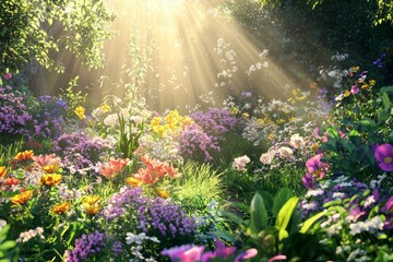Naklejka premium A vibrant garden filled with colorful wildflowers, bathed in the soft glow of sunlight, showcasing nature's beauty and diversity.