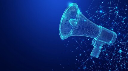 Digital Megaphone on Blue Background. Abstract Symbol for Announcement, Promotion, or Marketing.