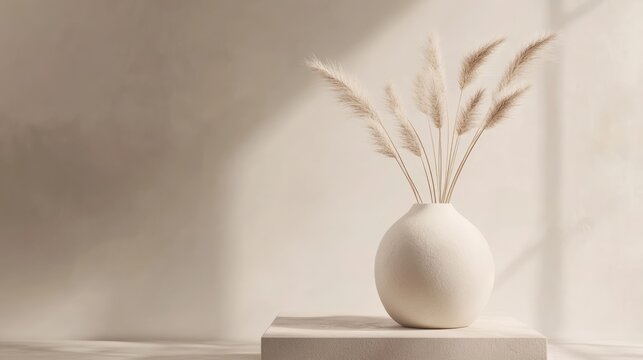 Ceramic vase with bunny tail grass on a geometric podium showcasing neutral aesthetic design for product presentation and styling.