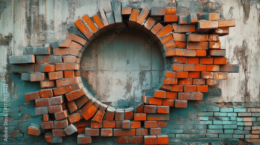 Poster rustic brick wall with a circular hole showcasing modern patterns and decay in urban architecture an