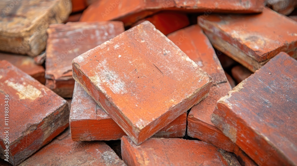 Poster close up of weathered red rectangular bricks stacked for reuse in construction or landscaping projec