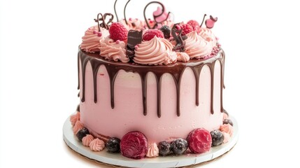Decadent pink chocolate drip cake adorned with fresh raspberries and decorative sweets on a plain white background