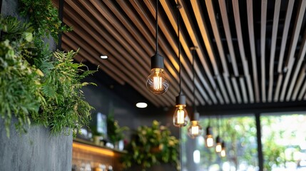 Fototapeta premium Vintage cafe interior featuring decorative hanging lamps and greenery for a cozy atmosphere.