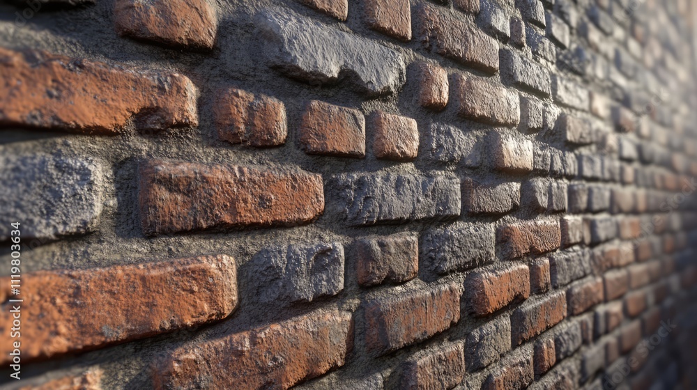 Poster textured red and gray brick wall with natural lighting creating depth and shadows for architectural 