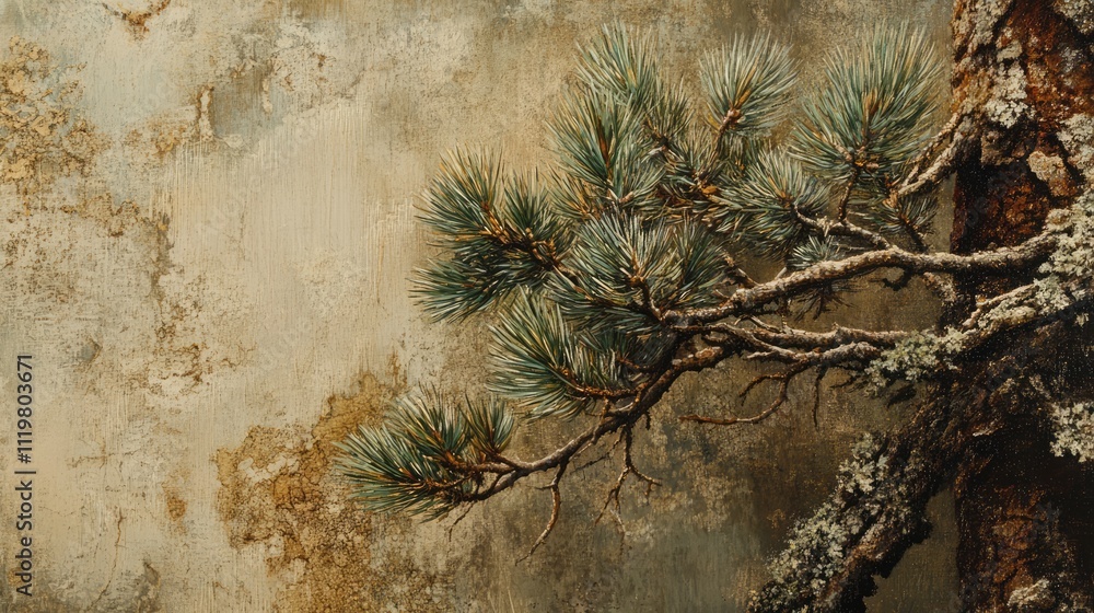 Poster pine branch detail showcasing texture and resin collection process against a weathered background