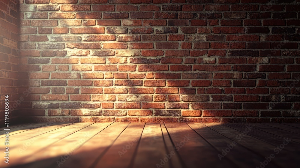 Poster rustic brick wall texture with warm lighting and wooden floor in an empty room creating an inviting 