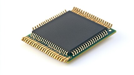 Close up of a central processing unit CPU microprocessor isolated on a white background showcasing its intricate design and gold pins