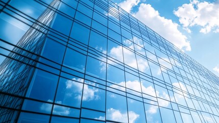 Obraz premium Modern Glass Office Building, Blue Sky Reflection, Corporate Architecture, Business, Success, Clouds