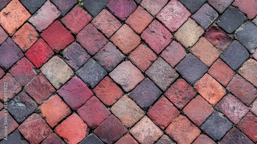 Poster Colorful brick stone pavement texture in a geometric pattern for use in design and background applications
