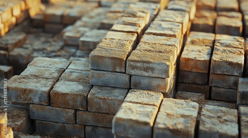 Poster neatly arranged weathered bricks on a construction site creating a textured and unique background fo