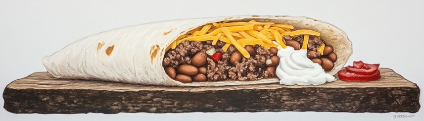 A close-up of a burrito with beans, meat, cheese, and toppings on a wooden surface.