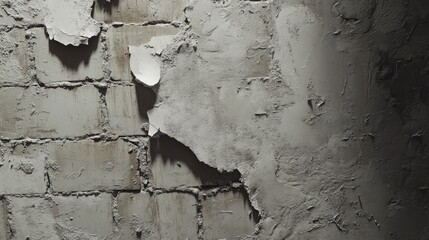 Textured brick wall with peeling plaster showcasing weathered details and rustic charm for backgrounds or architectural designs