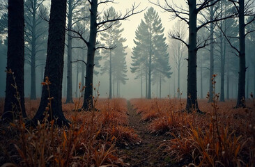 Obraz premium Forest landscape, deciduous and spruce trees, fog background. AI Generative
