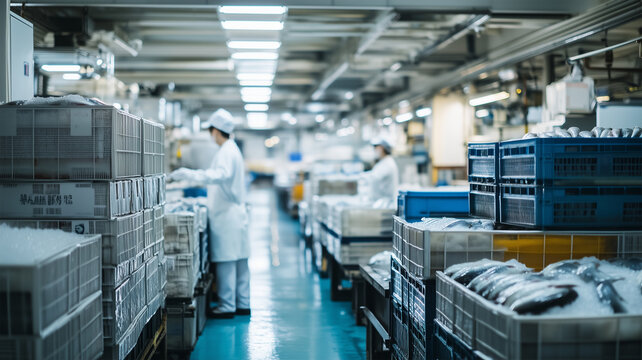 現代的な施設でケースに入った大量の魚を加工する日本の水産業