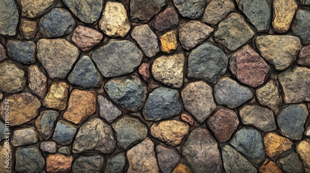 Poster cobbled stone road texture background with varied colors and shapes for architectural or design proj