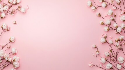 Naklejka premium Cotton flower branches elegantly arranged on soft pink background creating a serene atmosphere for text or design elements in still life photography