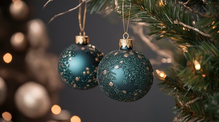 Elegant Christmas ornaments adorned with intricate details hanging on a lush evergreen branch against a blurred festive background.