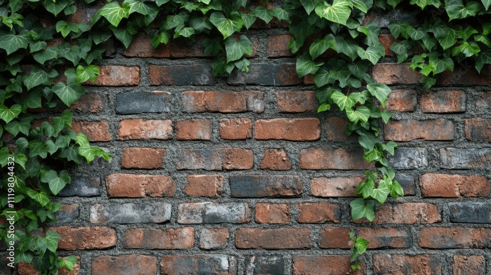 Poster rustic brick wall covered with vibrant green ivy creating a natural and textured background for arch
