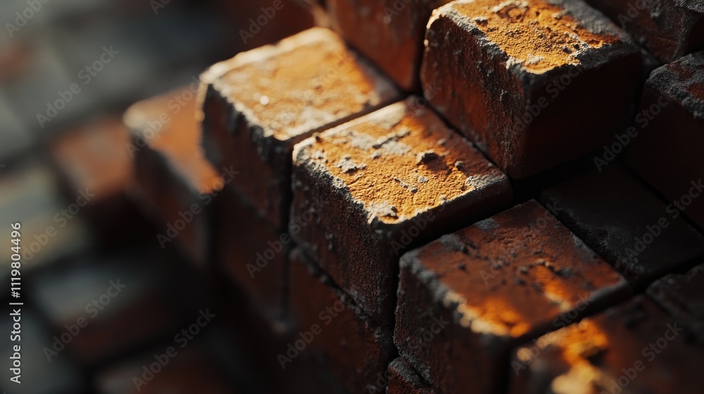 Poster close-up view of weathered bricks stacked for construction highlighting their texture and color vari