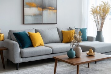 Modern living room Scandinavian design gray sofa