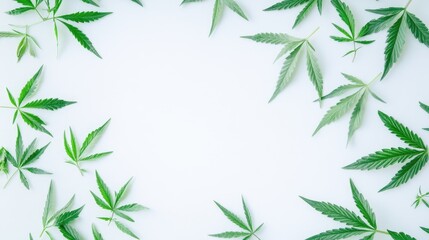 Fototapeta premium Cannabis plant leaves arranged in a circular frame on a white background emphasizing green natural wellness and herbal medicine concepts