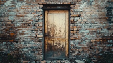 Abandoned house exterior featuring a bricked up door and weathered cinder block wall texture with rustic charm and historical character.