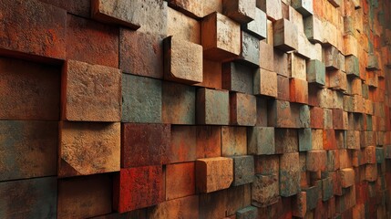 Textured decorative wall featuring layered bricks in varying colors and shapes, ideal for architectural design inspiration and interior decor.