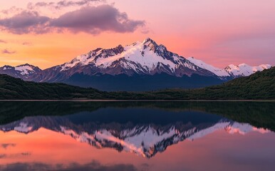 Fototapeta premium Majestic snowcapped mountain reflecting in calm lake at sunset