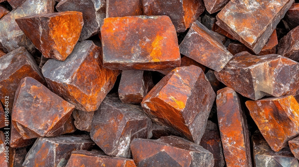Poster close up of weathered red rectangular street bricks stacked in a pile showcasing texture and potenti