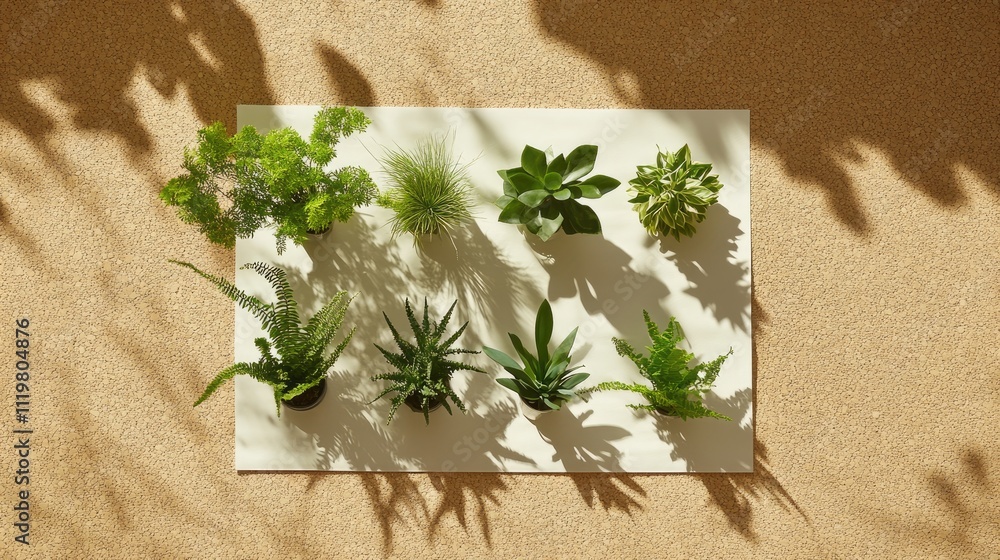 Poster demerit letters and various houseplants arranged on a white board against a textured background show