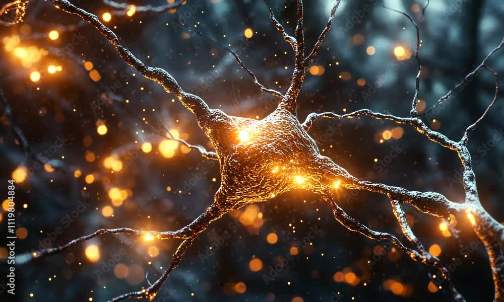 Aufkleber a glowing neuron with intricate branches and shimmering particles, symbolizing brain activity.