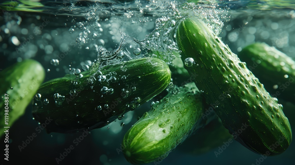 Poster fresh vibrant cucumbers submerged in clear water creating splashes and bubbles, showcasing freshness
