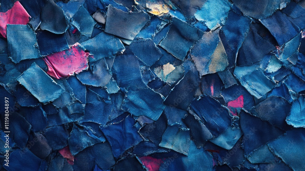 Poster textured abstract background of distressed denim fabric in various shades of blue and hints of pink 