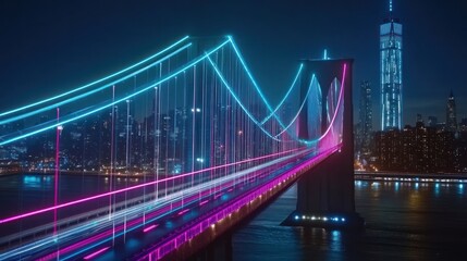 Obraz premium A vibrant night view of a bridge illuminated with colorful lights against a city skyline.
