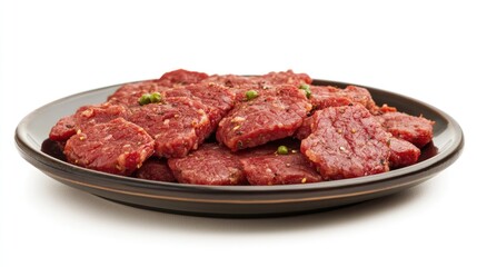 Sliced corned beef platter on a black dish with a white background showcasing fresh meat texture and flavors