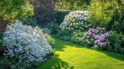 Naklejka premium Sunlit garden showcasing vibrant blooming shrubs and lush green grass creating a serene outdoor landscape scene.