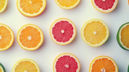 Colorful close-up arrangement of sliced citrus fruits, including oranges, lemons, and grapefruits, set against a clean white background, fresh produce, healthy eating, vibrant colors.