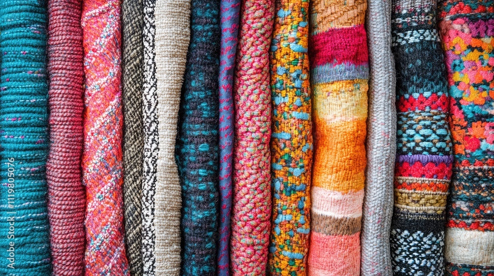 Poster vibrant array of textile samples showcasing diverse multicolor fabric textures in a visually appeali
