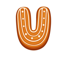 Christmas gingerbread letter U with icing lines and small white candy dots. Isolated holiday bakery typography, festive font, xmas typeface, new year type, English decorative pastry alphabet